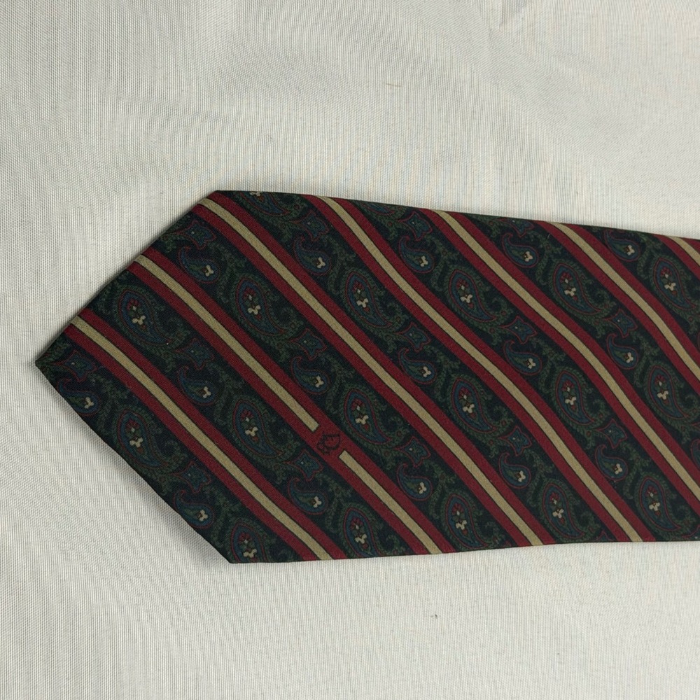 Christian Dior Necktie Mens 58x3.25 Red Green Paisley Striped Silk Italy Vintage